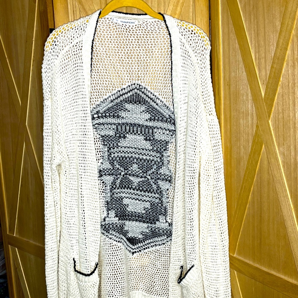 2XL Long-Sleeve White & Black Knit Cardigan